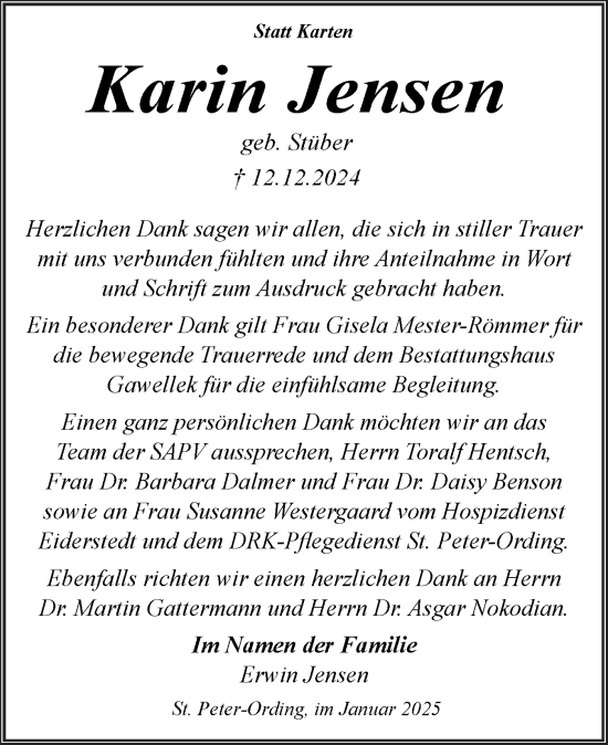 Traueranzeige von Karin Jensen von Husumer Nachrichten, Nordfriesland Tageblatt