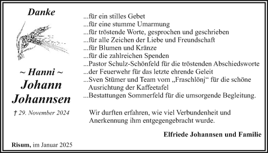 Traueranzeige von Johann Johannsen von Husumer Nachrichten, Nordfriesland Tageblatt