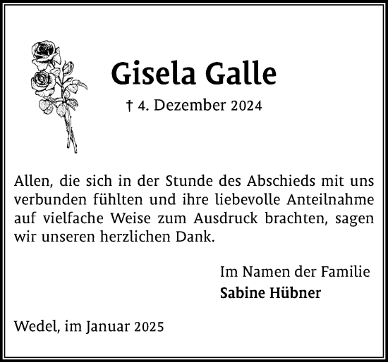 Traueranzeige von Gisela Galle von Wedel-Schulauer Tageblatt, tip Wedel-Schulauer Tageblatt, tip Rissener Rundschau