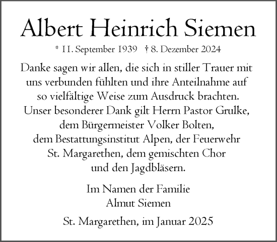 Traueranzeige von Albert Heinrich Siemen von Norddeutsche Rundschau, Wilstersche Zeitung, Glückstädter Fortuna