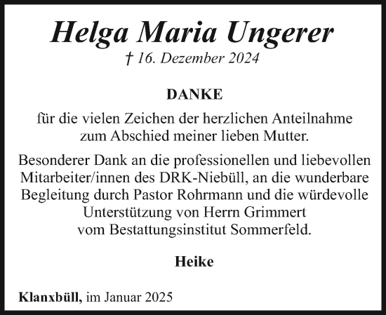 Traueranzeige von Helga Maria Ungerer von Husumer Nachrichten, Nordfriesland Tageblatt