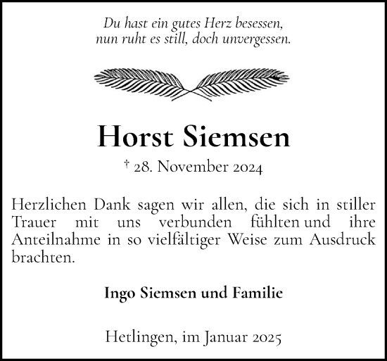 Traueranzeige von Horst Siemsen von Uetersener Nachrichten, Der tip am Wochenende