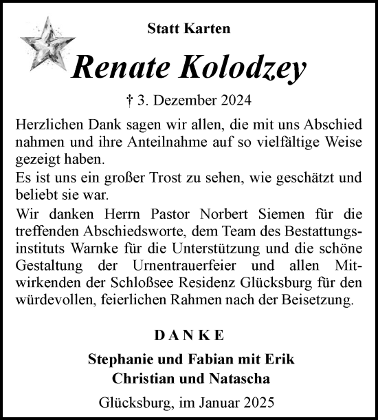 Traueranzeige von Renate Kolodzey von Flensburger Tageblatt, Schleswiger Nachrichten, Schlei-Bote