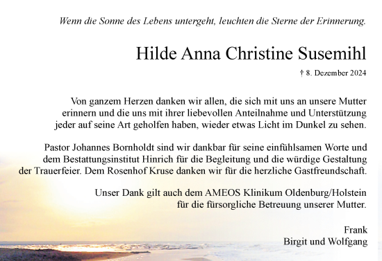 Traueranzeige von Hilde Anna Christine Susemihl von Uetersener Nachrichten, Der tip am Wochenende