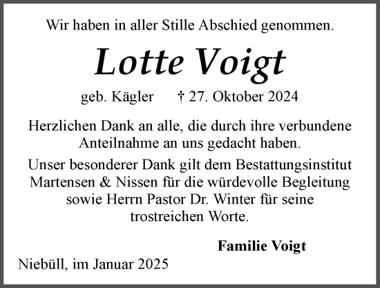 Traueranzeige von Lotte Voigt von Husumer Nachrichten, Nordfriesland Tageblatt