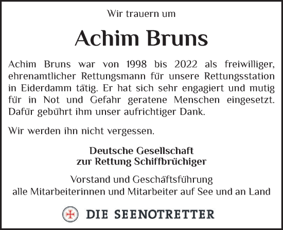 Traueranzeige von Achim Bruns von Husumer Nachrichten, Nordfriesland Tageblatt