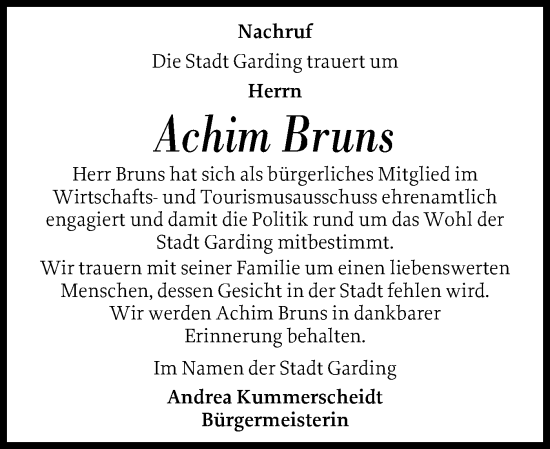 Traueranzeige von Achim Bruns von Husumer Nachrichten, Nordfriesland Tageblatt