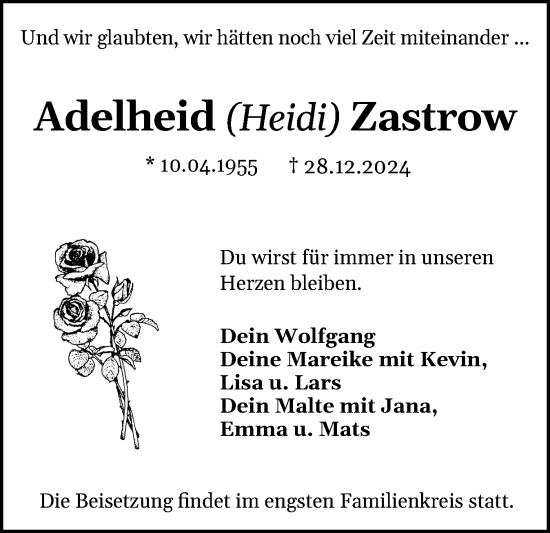Traueranzeige von Adelheid Zastrow von Region Pinneberg und tip Pinneberg