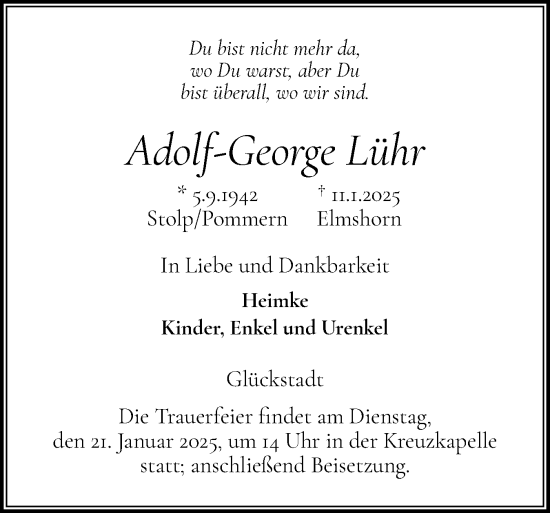Traueranzeige von Adolf-George Lühr von Norddeutsche Rundschau, Wilstersche Zeitung, Glückstädter Fortuna