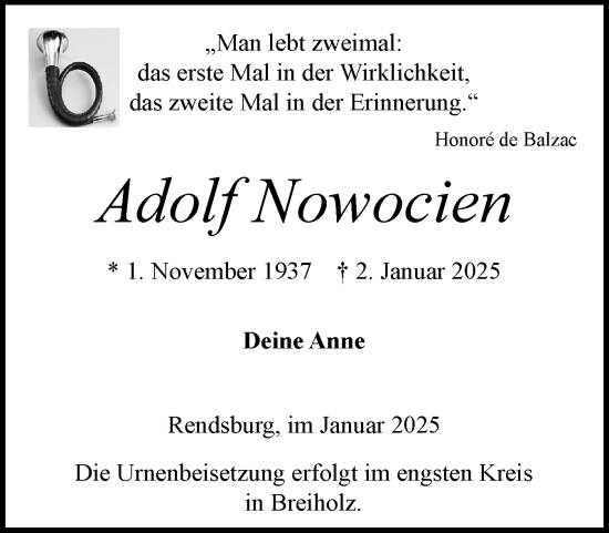 Traueranzeige von Adolf Nowocien von Schleswig-Holsteinische Landeszeitung