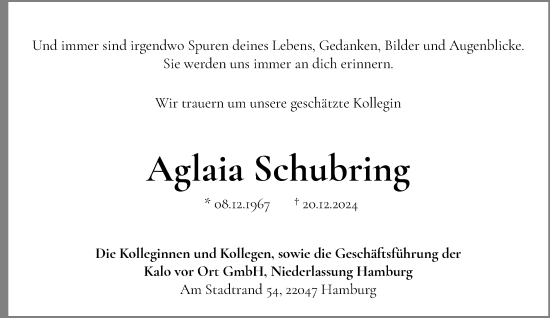 Traueranzeige von Aglaia Schubring von Stormarner Tageblatt