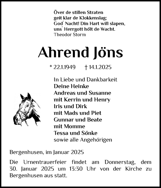 Traueranzeige von Ahrend Jöns von Schleswiger Nachrichten, Schlei-Bote