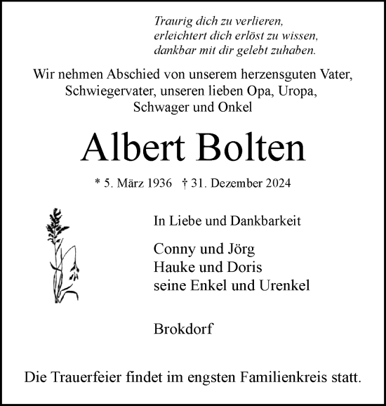 Traueranzeige von Albert Bolten von Norddeutsche Rundschau, Wilstersche Zeitung, Glückstädter Fortuna