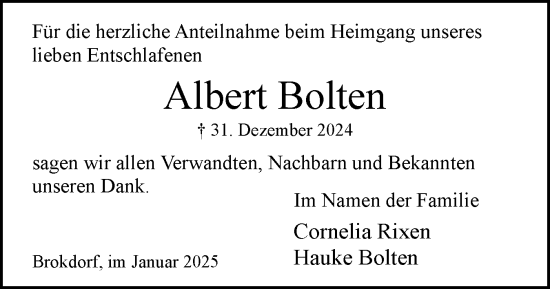 Traueranzeige von Albert Bolten von Norddeutsche Rundschau, Wilstersche Zeitung, Glückstädter Fortuna
