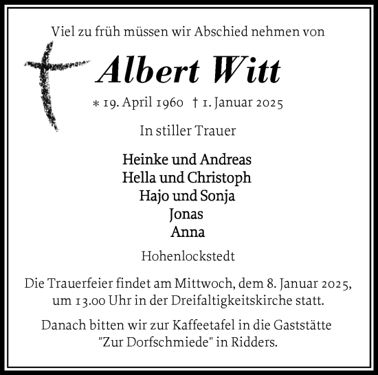 Traueranzeige von Albert Witt von Norddeutsche Rundschau, Wilstersche Zeitung, Glückstädter Fortuna
