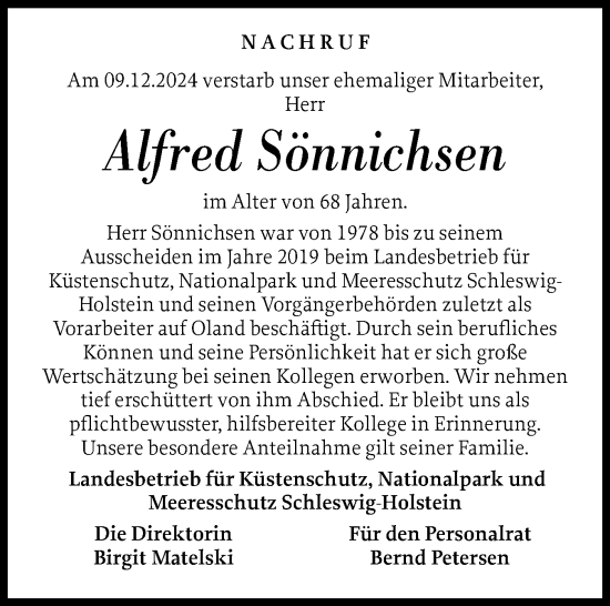 Traueranzeige von Alfred Sönnichsen von Region Westküste