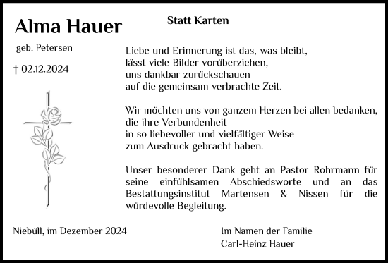 Traueranzeige von Alma Hauer von Husumer Nachrichten, Nordfriesland Tageblatt