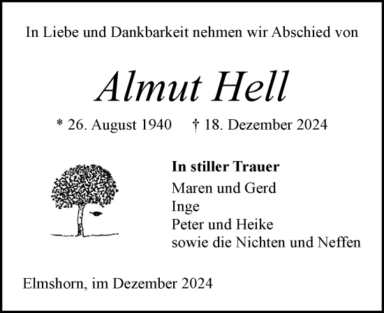 Traueranzeige von Almut Hell von Elmshorner Nachrichten, Barmstedter Zeitung