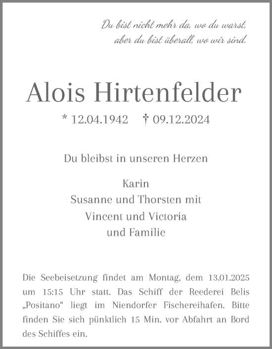 Traueranzeige von Alois Hirtenfelder von Region Pinneberg und tip Pinneberg