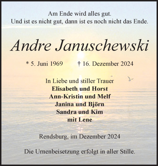 Traueranzeige von Andre Januschewski von Schleswig-Holsteinische Landeszeitung