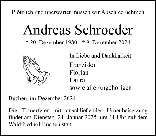Traueranzeige von Andreas Schroeder von Wochenend Anzeiger