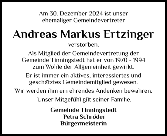 Traueranzeige von Andreas Markus Ertzinger von Husumer Nachrichten, Nordfriesland Tageblatt