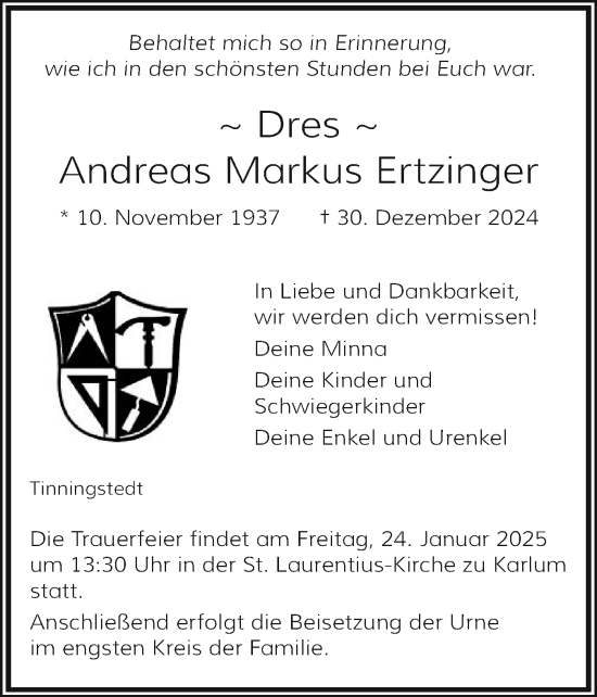 Traueranzeige von Andreas Markus Ertzinger von Husumer Nachrichten, Nordfriesland Tageblatt