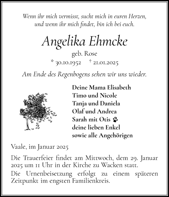 Traueranzeige von Angelika Ehmcke von Norddeutsche Rundschau, Wilstersche Zeitung, Glückstädter Fortuna