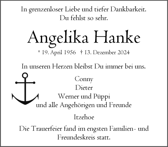 Traueranzeige von Angelika Hanke von Norddeutsche Rundschau, Wilstersche Zeitung, Glückstädter Fortuna