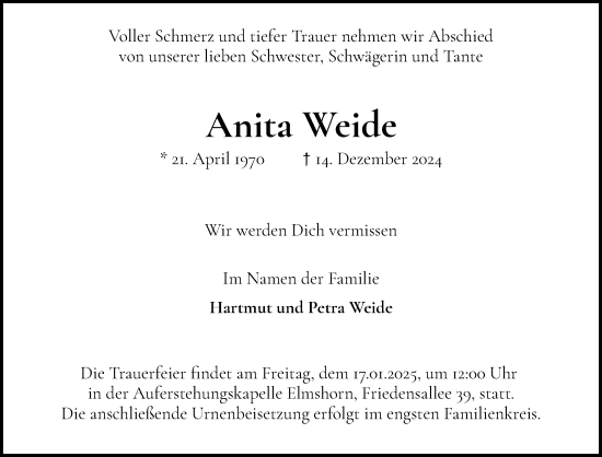 Traueranzeige von Anita Weide von Elmshorner Nachrichten, Barmstedter Zeitung