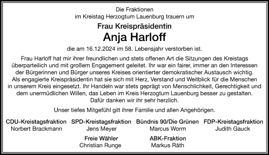 Traueranzeige von Anja Harloff von MARKT Ratzeburg/Mölln