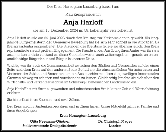 Traueranzeige von Anja Harloff von MARKT Ratzeburg/Mölln