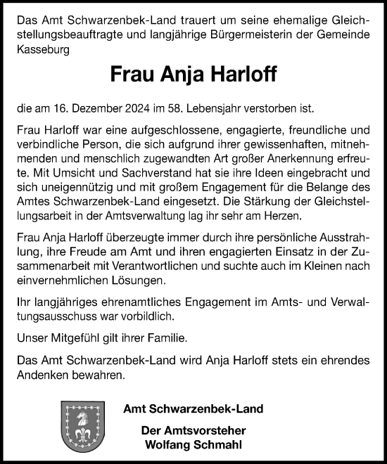 Traueranzeige von Anja Harloff von Wochenend Anzeiger