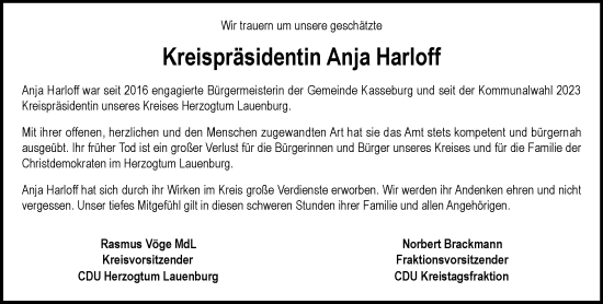 Traueranzeige von Anja Harloff von MARKT Ratzeburg/Mölln