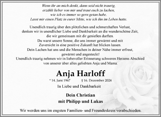 Traueranzeige von Anja Harloff von MARKT Ratzeburg/Mölln