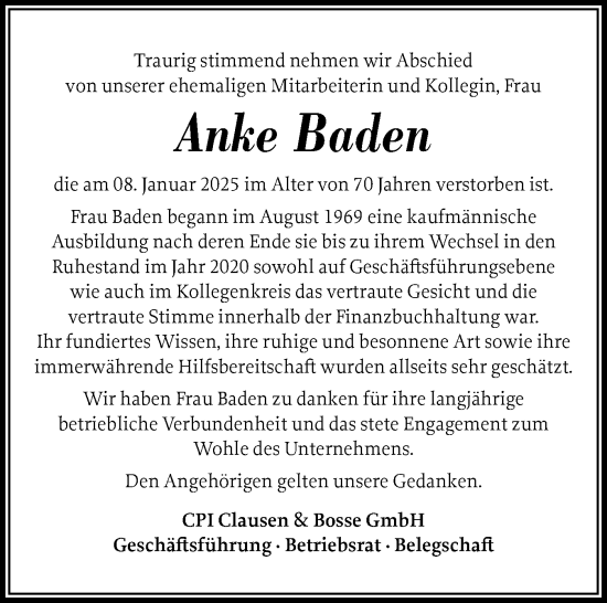 Traueranzeige von Anke Baden von Husumer Nachrichten, Nordfriesland Tageblatt