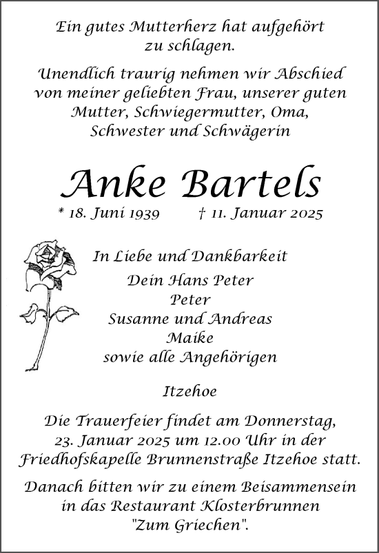 Traueranzeige von Anke Bartels von Norddeutsche Rundschau, Wilstersche Zeitung, Glückstädter Fortuna