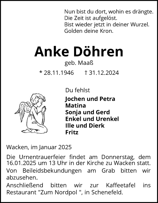 Traueranzeige von Anke Döhren von Norddeutsche Rundschau, Wilstersche Zeitung, Glückstädter Fortuna