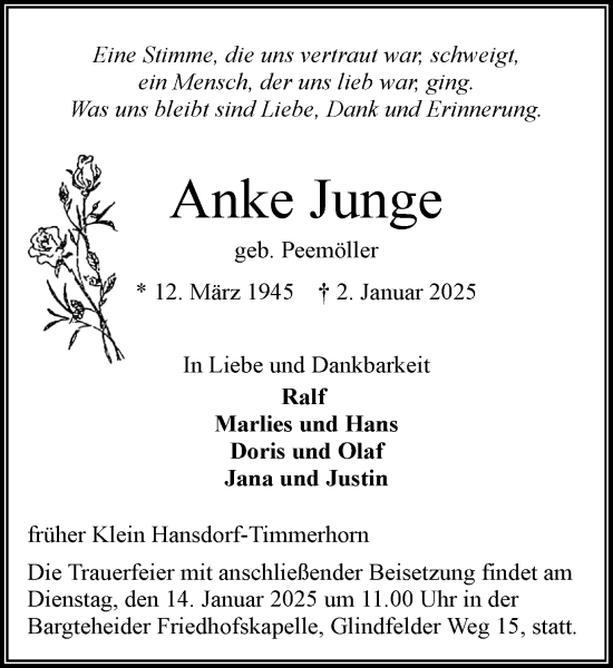 Traueranzeige von Anke Junge von MARKT Ahrensburg/Bargteheide/Trittau und Stormarner Tageblatt