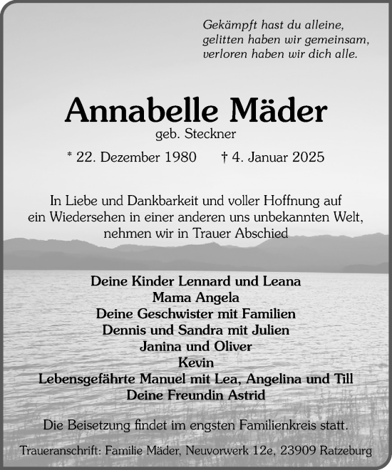 Traueranzeige von Annabelle Mäder von MARKT Ratzeburg/Mölln