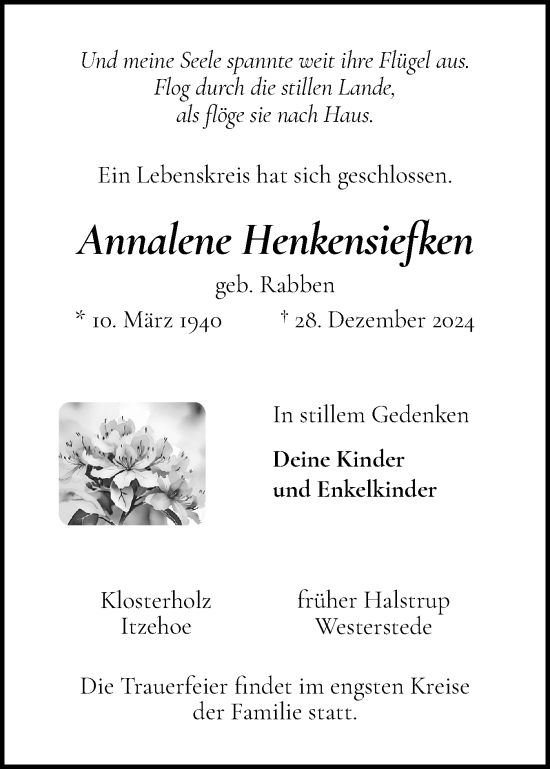 Traueranzeige von Annalene Henkensiefken von Norddeutsche Rundschau, Wilstersche Zeitung, Glückstädter Fortuna