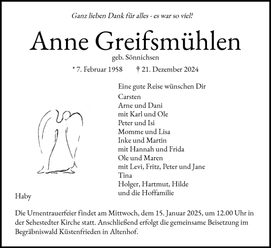 Traueranzeige von Anne Greifsmühlen von Eckernförder Zeitung, Hallo Eckernförde