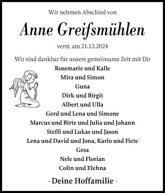 Traueranzeige von Anne Greifsmühlen von Hallo Eckernförde