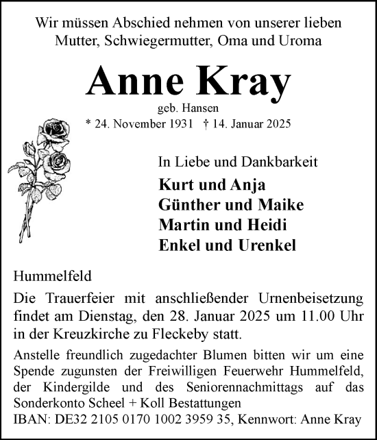 Traueranzeige von Anne Kray von Eckernförder Zeitung, Hallo Eckernförde