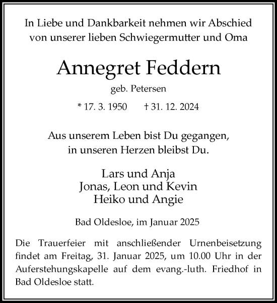 Traueranzeige von Annegret Feddern von MARKT Bad Oldesloe/Reinfeld und Stormarner Tageblatt