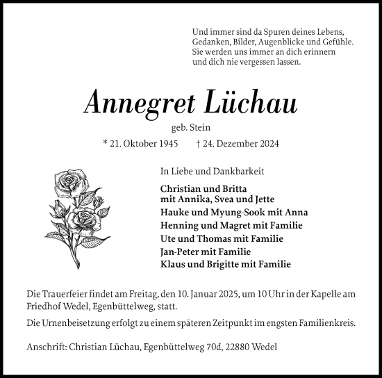 Traueranzeige von Annegret Lüchau von A. Beig Gesamtausgabe