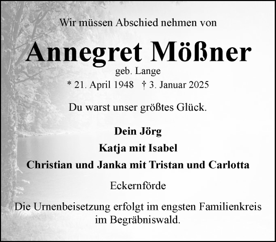 Traueranzeige von Annegret Mößner von Eckernförder Zeitung, Hallo Eckernförde