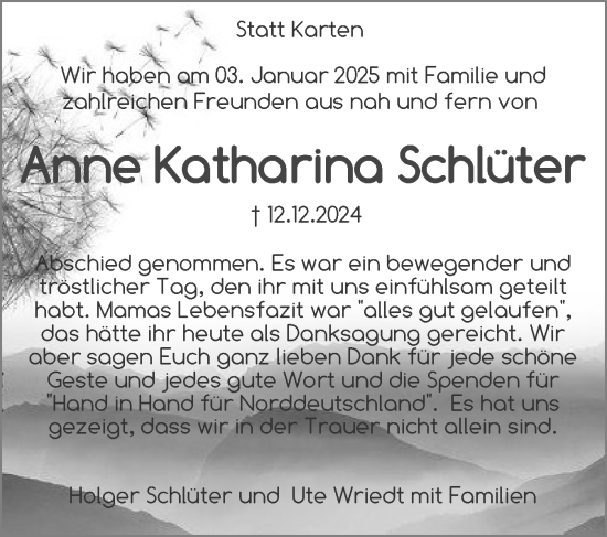 Traueranzeige von Anne Katharina Schlüter von Flensburger Tageblatt