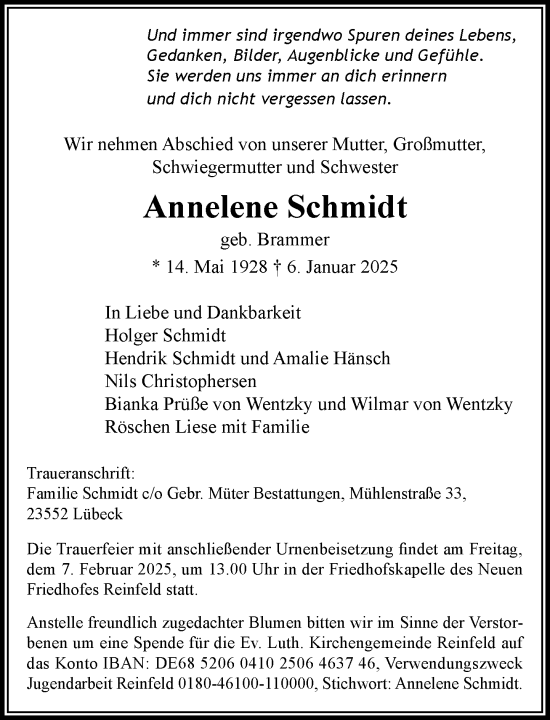 Traueranzeige von Annelene Schmidt von MARKT Bad Oldesloe/Reinfeld und Stormarner Tageblatt