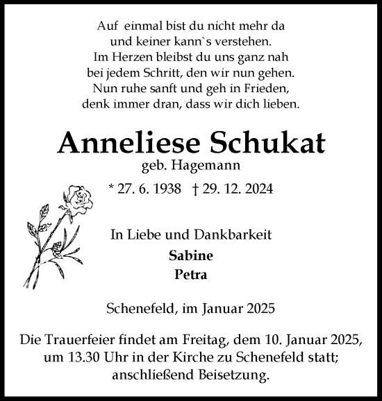 Traueranzeige von Anneliese Schukat von Norddeutsche Rundschau, Wilstersche Zeitung, Glückstädter Fortuna
